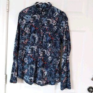 H&M Mens Large Long Sleeve Button Hawaiian Shirt Blue-Floral Print/Relaxed Fit
